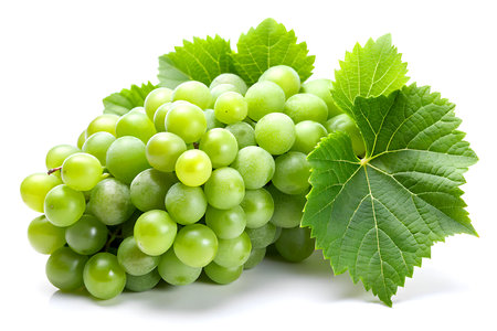 Green grapes with leaves isolated on white background. Clipping path included. Generative AIの写真素材