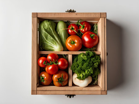 Wooden box with fresh vegetables on white background. Top view.の写真素材