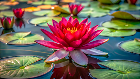 Beautiful red lotus flower in the pond with green leaves.の写真素材