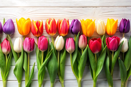 Colorful tulips on white wooden background. Flat lay, top view. Generative AIの写真素材