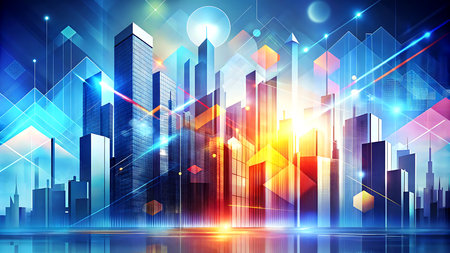 Modern cityscape with skyscrapers and glowing lights, illustration.の写真素材