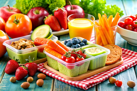 Healthy food in lunch box with fruits and vegetables on wooden table. Created with Generative AIの写真素材