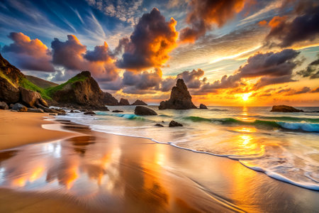 Beautiful sunset over the beach in Asturias, Spain. Generative AIの写真素材