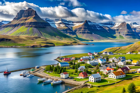 Beautiful summer view of the town of Kirkjufell, Iceland. Created with Generative AIの写真素材