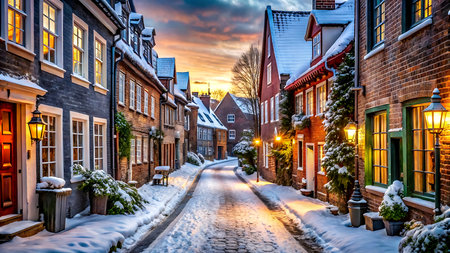 Beautiful winter street in the old town of Riga, Latvia.の写真素材