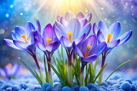 Beautiful spring crocus flowers on a blue background with bokeh.の写真素材