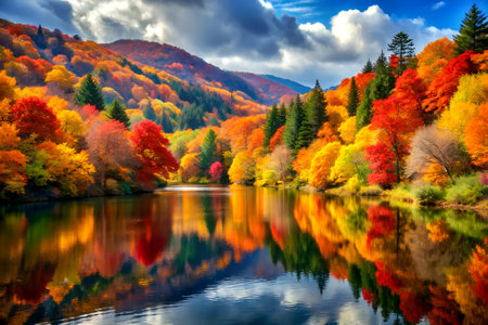 Colorful autumn forest reflected in the lake. Colorful autumn landscape with forest lake. Created with Generative AIの写真素材