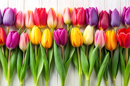 Colorful tulips on white wooden background. Top view with copy space. Created with Generative AIの写真素材