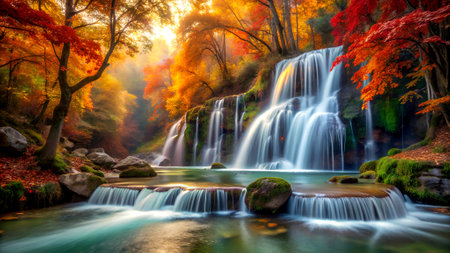Autumn waterfall in the forest with colorful leaves. Beautiful fall scene. Created with Generative...