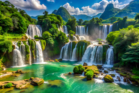 Waterfalls in a summer day. Created with Generative AIの写真素材