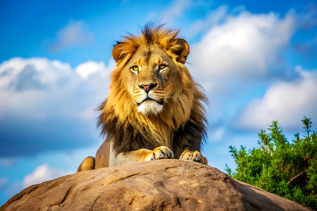 Lion sitting on a rock in Serengeti National Park, Tanzania.の写真素材