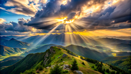 Majestic sunset in the mountains landscape. Dramatic sky. Carpathian, Europe.の写真素材