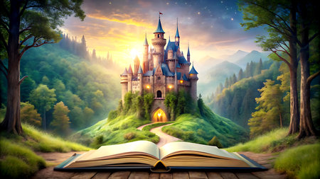 Magic castle in the forest with magic book. Fairy tale concept.の写真素材