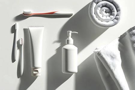 Set of white plastic toothbrushes, toothpaste and towel on light background.の写真素材