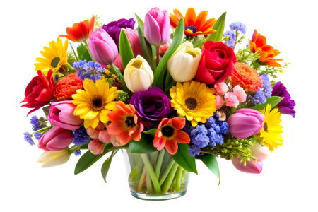 Bouquet of colorful spring flowers in vase isolated on white background.の写真素材