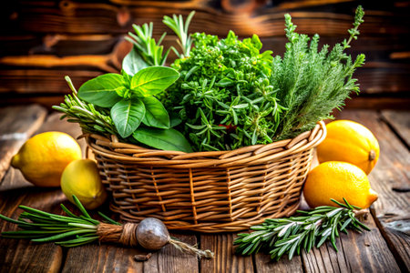 A basket filled with a variety of fresh herbs likeの写真素材