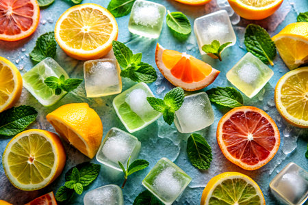 The image shows a vibrant and colorful arrangement of various citrus fruits, ice cubes, and mint leaves. The citrus fruits include slices and halves of lemons, limes, and blood oranges. The ice cubes are scattered among the fruits and mint leaves, creating a refreshing and visually appealing composition. The combination of bright colors and the freshness of the ingredients makes the image interesting and relevant, especially for themes related to summer, beverages, or healthy livingの写真素材
