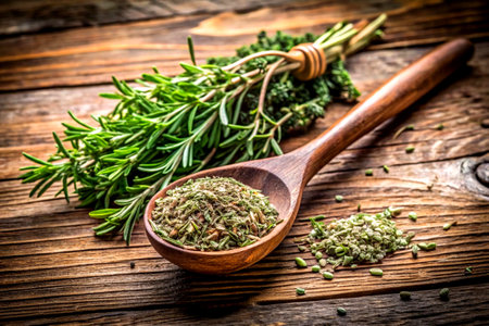 A vintage wooden spoon filled with dried rosemary and thyme, with fresh oregano leaves beside it.の写真素材