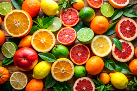 A variety of citrus fruits, such as oranges and grapefruits, with fresh herbal leavesの写真素材