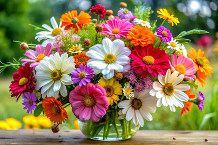 A summer bouquet featuring daisies, zinnias, and cosmos.の写真素材