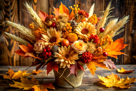Autumn-themed arrangement with dried flowers and warm-toned leaves.の写真素材