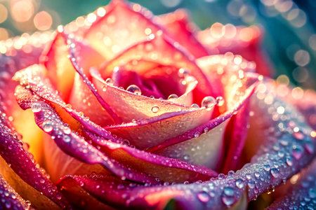 Beautiful pink rose with dew drops close-up macro photography.の写真素材