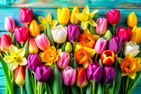 Bouquet of tulips on turquoise wooden background.の写真素材