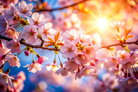 Close-up of cherry blossoms with sunlight softly filtering through.の写真素材