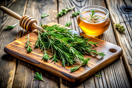 Fresh rosemary and honey on a wooden background.の写真素材