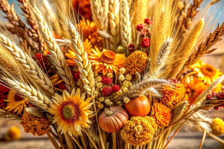 Bouquet of dried flowers and pumpkins on a wooden background.の写真素材