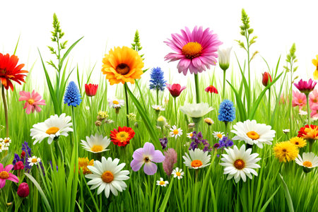 Beautiful flowers in the grass isolated on white background. 3d illustrationの写真素材