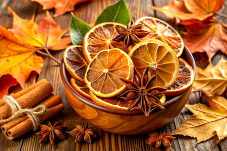 Autumn-themed arrangement with dried orange slices, cinnamon, and bay leaves.の写真素材