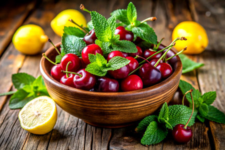 Bowl of fresh cherries with sprigs of fresh mint and lemon balm leaves.の写真素材