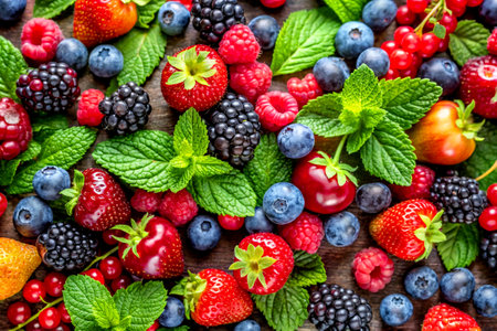 Brightly colored berries scattered among fresh mint sprigs.の写真素材