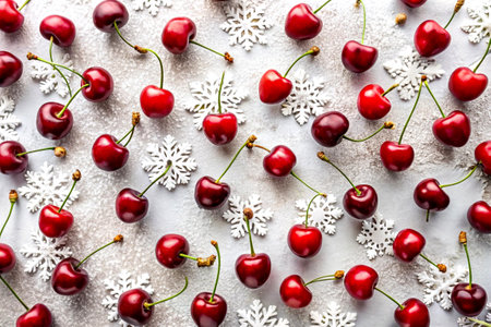 Cherries scattered across a white surface with snowflake patterns.の写真素材