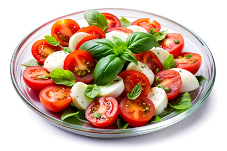 Caprese salad with tomatoes, mozzarella cheese and basil leaves.の写真素材