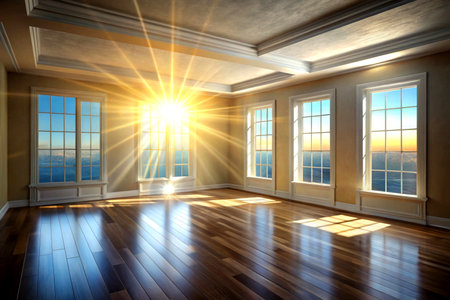 Empty room with window view and sun rays. 3D rendering.の写真素材