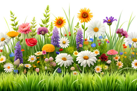 Beautiful flowers in the grass isolated on white background.の写真素材