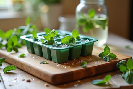 Fresh mint leaves in a bowl on a wooden table, selective focus.の写真素材