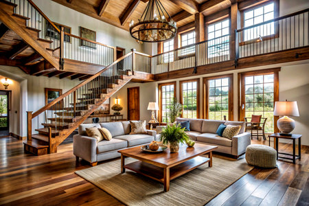Luxury living room with wooden stairs and wood panelingの写真素材