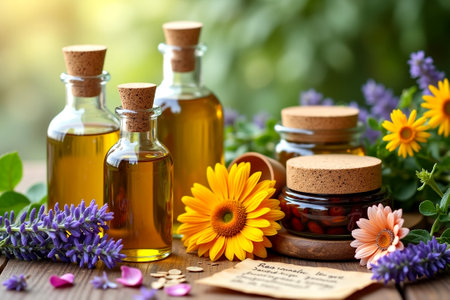 Essential oil in glass bottles with calendula flowers and leaves.の写真素材