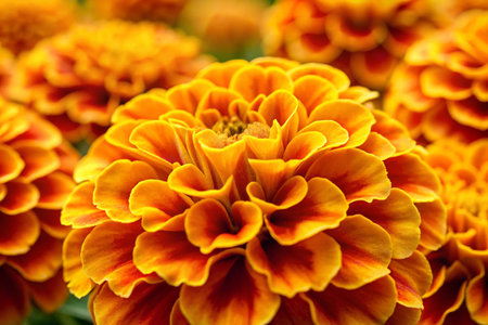 Close-up of marigold petals in layers of golden yellow and orange.の写真素材