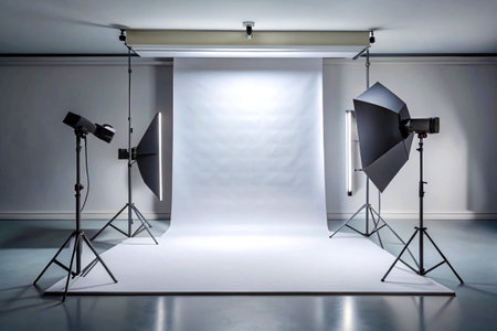 Empty photo studio with lighting equipment. Mock up, 3D Rendering.の写真素材