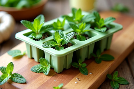 Fresh mint seedlings in plastic container on wooden table, closeup.の写真素材