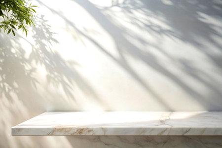 Empty white marble table top and shadow of tree on white wall. For product display.の写真素材