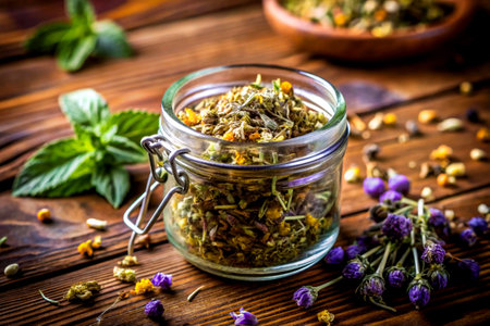 Herbal tea in a glass jar on a wooden background. Herbal tea.の写真素材
