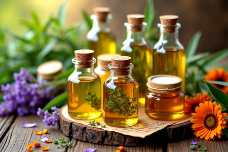 Essential oil with calendula and lavender on a wooden background.の写真素材