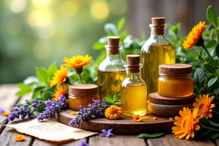 Essential oil with calendula flowers on a wooden table.の写真素材