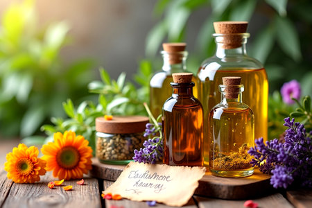 Herbal medicine and essential oil in glass bottles on a wooden table.の写真素材
