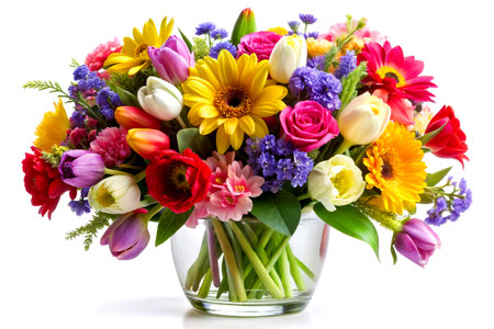Colorful bouquet of spring flowers in glass vase isolated on white background.の写真素材